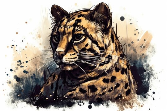 Leopard cat of the mountain, a wild cat The motorcycling animal is a panther. Hand drawn design for a tattoo, badge, patch, logo, or t shirt. Generative AI