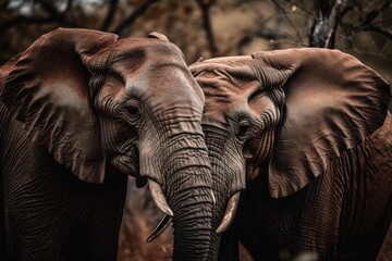 African elephants in the wild are huddled together. Generative AI