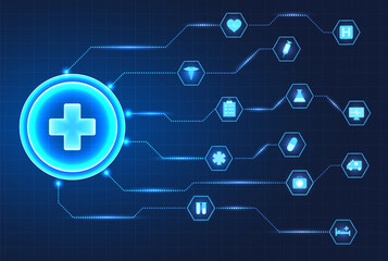 Fototapeta premium Medical technology circle There is a doctor's symbol in the center and a circle with payment innovations around it. Modern medicine provides patients with faster access to treatment behind the grid.