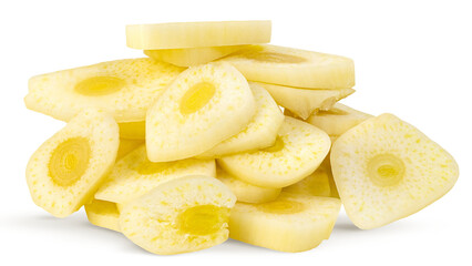 Pile of sliced garlic cloves isolated on a white background.