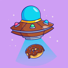 Cute flying ufo catching donuts cartoon vector icon illustration science food icon concept