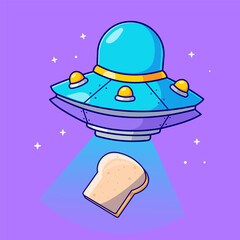 Fototapeta premium Cute flying ufo catching bread cartoon vector icon illustration science food icon concept
