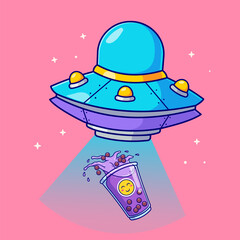 Cute flying ufo catching boba cartoon vector icon illustration science food icon concept