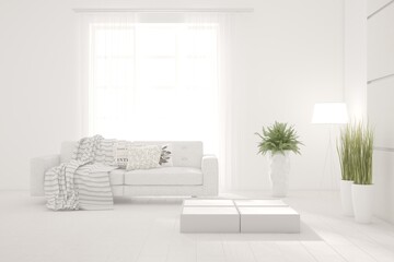 White living room with sofa. Scandinavian interior design. 3D illustration