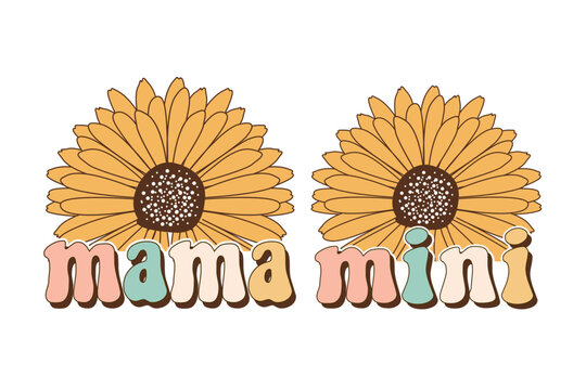 mama mini mothers day retro sublimation flower vector design for t-shirts, tote bags, cards, frame artwork, phone cases, bags, mugs, stickers, tumblers, print, etc. 