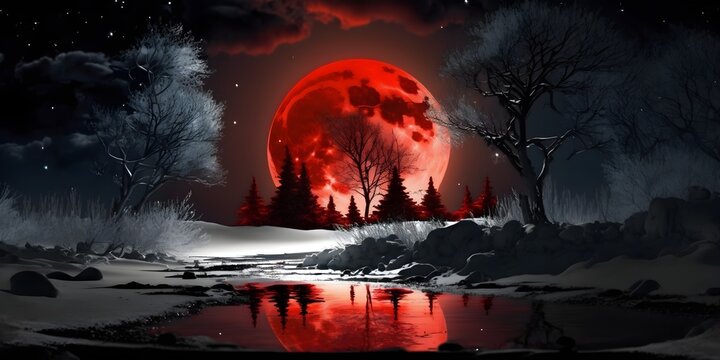 red moon, night, generative AI