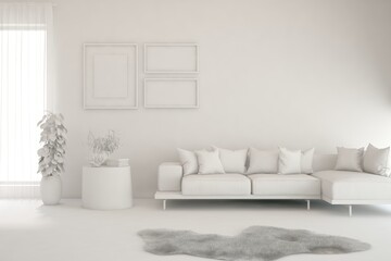 Grey interior desigh concept with furniture. 3D illustration