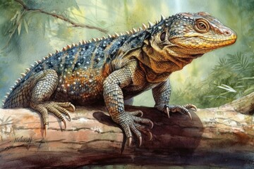 Fototapeta premium A baby varan on a branch is depicted in this painting. Generative AI