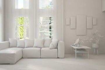 Grey living room concept with sofa and summer landscape in window. Scandinavian interior design. 3D illustration