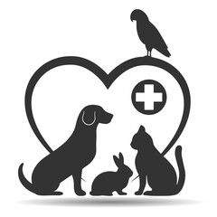 Illustration of a logo of a veterinary clinic. Pets on the background of a heart with a medical cross