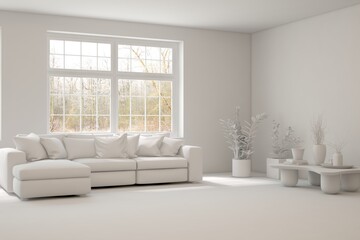 White living room with sofa and winter landscape in window. Scandinavian interior design. 3D illustration