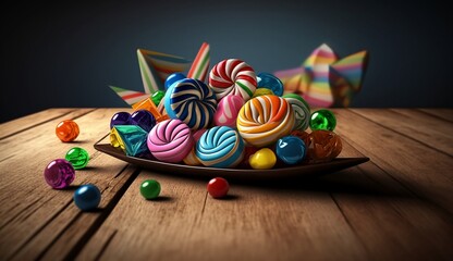 Colorful romantic candys on the wooden table. Hyper realistic 3d