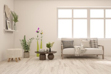 White living room with sofa. Scandinavian interior design. 3D illustration
