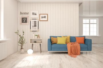 White living room with sofa. Scandinavian interior design. 3D illustration