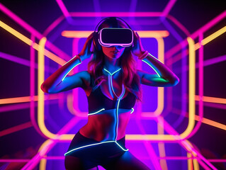 Young woman with neon lights wearing VR headset, dancing and experiencing virtual reality simulation, metaverse and fantasy world.