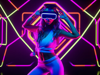 Naklejka na ściany i meble Young woman with neon lights wearing VR headset, dancing and experiencing virtual reality simulation, metaverse and fantasy world.