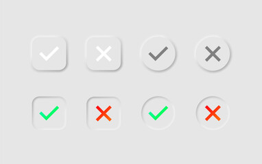 Checkmark and crossmark icon set in neumorphism style. Icons for business, white UI, UX. Yes no, OK symbol. Green accept, red decline buttons, true, false,. Neumorphic style. Vector illustration.