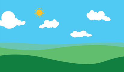 Flat design illustration of summer mountain landscape with green grassy hill under a clear blue sky with white clouds and shining sun 