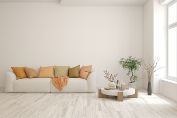 White living room with sofa. Scandinavian interior design. 3D illustration