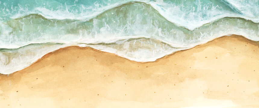 Sea shore watercolor. A beach with light waves. Hand-drawn summer illustration.