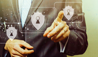 Businessman using shield protect icon, virtual screen interface, data protection cyber security privacy business, data personal and network information technology, digital protection privacy concept