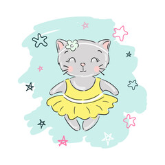 Vector hand drawn cute cat in yellow dress, kitten girl