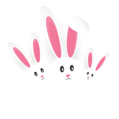 Isolated Happy Easter Template, Card Design - Three Funny Cute Looking White Bunnies with Long Ears - Design with Copyspace Isolated on White Background, Vector Illustration