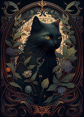 Amazing Black Cat with floral Frame, Art Nouveau Style