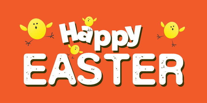 Happy Easter Card Template - Big Text, Label, Jumping Funny Yellow Chicks Around on Red Background - Minimalist Wide Scale Design Perfect for a Poster, Cover, Banner or Postcard - Vector Illustration