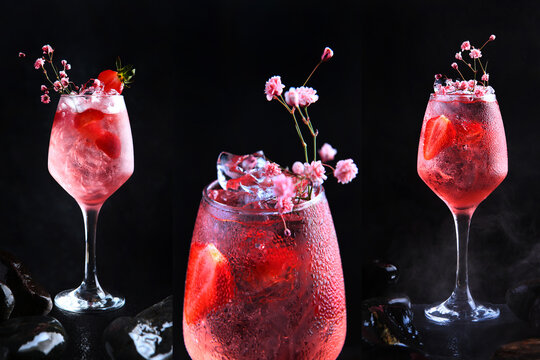 Photo collage with a pink cocktail. Strawberry-based cocktail. Alcoholic cocktail with strawberry slices.