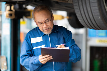 Asian Senior man mechanic working Under a Vehicle in a Car Service station. Expertise mechanic working in automobile repair garage.
