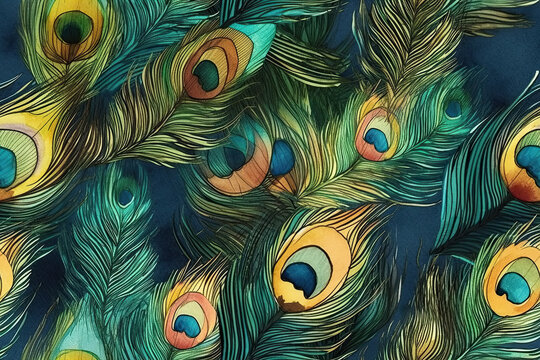 seamless background with bright peacock bird feathers pattern. Generative AI illustration