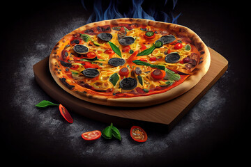 Tasty hot italian pizza on black wooden table. Generative Ai