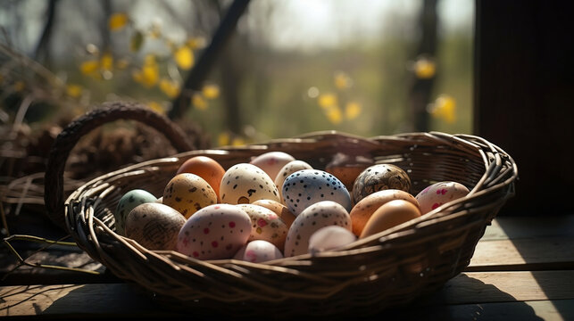 Celebrate the magic of Easter with this AI-generated whimsical photograph of colorful eggs in a basket on an aged wooden table in a spring garden. 