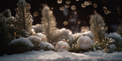 Beautiful Christmas tree with white ornament decorations, lights, sparkling, glowing. Generative AI