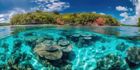 Fototapeta na wymiar Turquoise water in tropical paradise, beautiful corals in the underwater. Generative AI