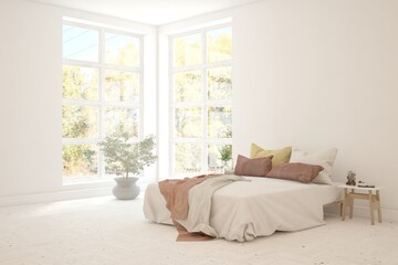 White lbedroom concept. Scandinavian interior design. 3D illustration