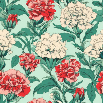 Seamless pattern with carnations, vintage florals concept. Generative AI