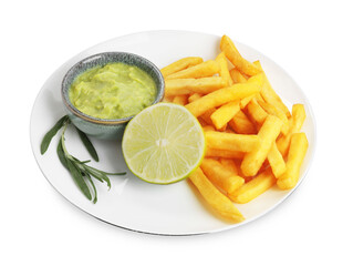 Plate with delicious french fries, avocado dip, lime and rosemary isolated on white