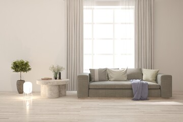 White living room with sofa. Scandinavian interior design. 3D illustration