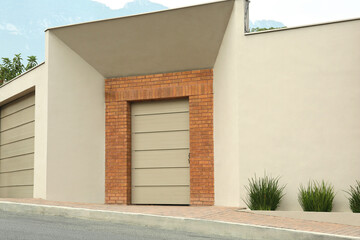 Beige wall with closed entrance door. Exterior design