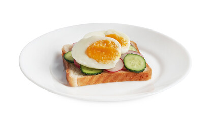 Delicious sandwich with boiled egg, cucumber and radish slices isolated on white