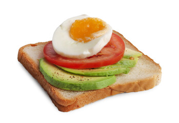 Delicious sandwich with boiled egg, pieces of avocado and tomato slice isolated on white