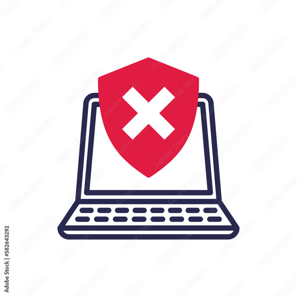 Poster protection enabled thin line icon. opened laptop is protected by shield with cross mark. vector illu
