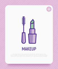 Makeup thin line icon: mascara and lipstick. Logo for makeup artist. Modern vector illustration.