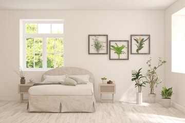 White lbedroom concept. Scandinavian interior design. 3D illustration