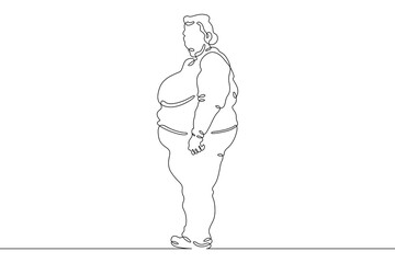 One continuous line.Fat woman on the street. Obese person. Fat girl. Obesity. Large woman. One continuous line drawn isolated, white background.