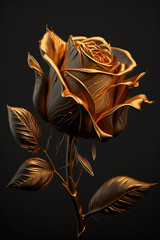 Golden rose floral art poster art, on black background. Generative AI