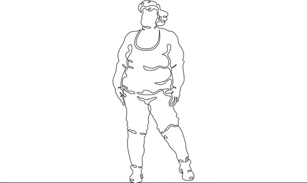 One continuous line.Fat woman on the street. Obese person. Fat girl. Obesity. Large woman. One continuous line drawn isolated, white background.