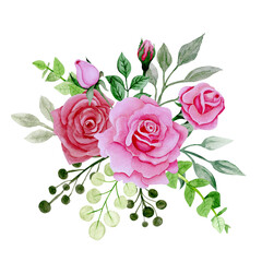 Isolated object-113. Bouquet of pink roses, hand drawn watercolour illustration.
